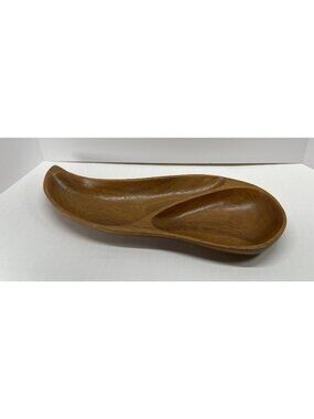 Vintage MCM Hand Carved Wood Divided Tear Drop Dish Bowl Large Teak Teardrop 60s